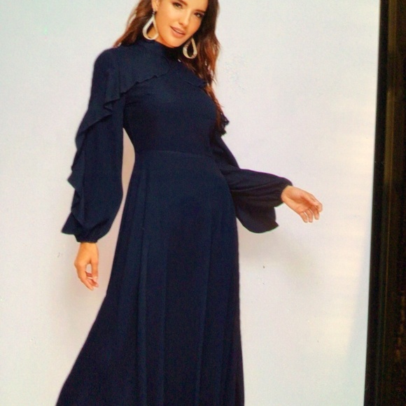 💝HPShein Flounce  Fit &Flare Lantern Sleeve dress sz small - Picture 4 of 6